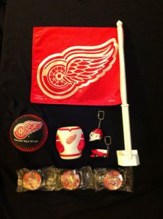 Detroit Red Wings Lot Flag Pucks Ball Jersey Koozie Goalie Mask