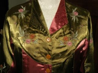 April Cornell Salmon Pink Olive Green Satin Embroidered Blouse Jacket