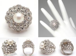 Vintage Cocktail Ring Pearl & Diamond Cluster Solid 14K White Gold