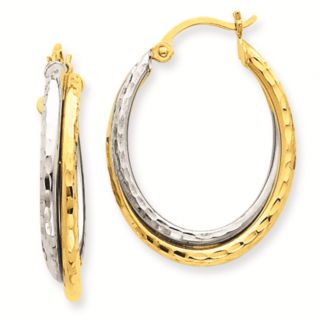 14k Gold Two Tone Diamond Cut Polished Oval Hoop Earring