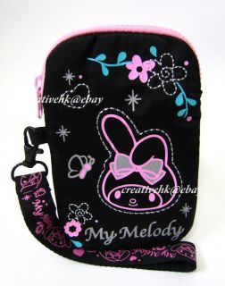  My Melody Flower Butterfly Nylon Black Pouch Bag w Strap New