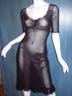 Betsey Johnson Black Sheer Net Boudoir Ruffle Floral Applique Goth