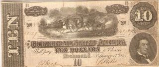 Civil War Confederate Note 1864 10 Dollar Bill Paper Money Currency