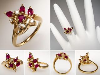 Natural Ruby & Genuine Diamond Ladies Ring Solid 14K Gold Fine Estate