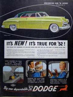 1952 Green Dodge Coronet Diplomat Automobile Color Ad