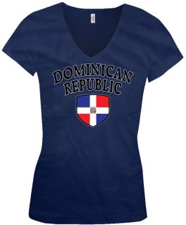 Dominican Republic Country Flag Shield Ladies Junior Fit V Neck T