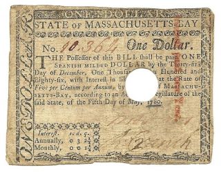   Continental Currency ONE DOLLAR State of Massachusetts Bay 1780 VF