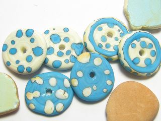  Beads Organic Handmade Glass 6 Large Donuts in Turquoise Ivory