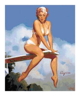 Pin Up Girl on Diving Board Cross Stitch Pattern Chart