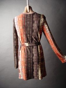  Tapestry Folk Print Ethnic Bohemian 60s Cowl Neck Sweater Knit Dress M