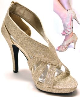 New Womens Dressy Evening Shoes Sandals Gold Glitter Wedding Prom US
