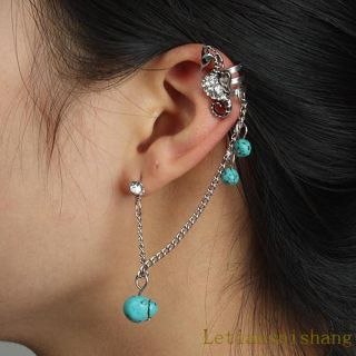  Hippocampus Turquoise Crystal Chain Clip Ear Cuff Stud Earrings