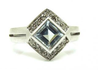 Deco Style Silver Genuine Diamonds Aquamarine Designer Ring Signed Ea