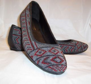 DONALD J PLINER SHOES CASUAL PEWTER AND RED BEADED FLATS SIZE 7 5