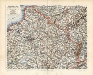 Antique Map North East France Belgium Meyers 1895