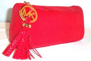 Michael Kors Signature Holiday Red Python Print Clutch with MK Tassel