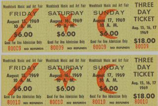 Authentic 1969 3 Day Woodstock Tickets Mint 