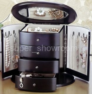  Chocolate 3 Drawer Oval Jewelry Storage Wood Box Swing Doors Organizer