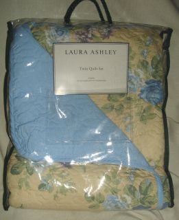 LAURA ASHLEY 2 pc Set Twin Quilt Shabby Blue Yellow Floral reversible