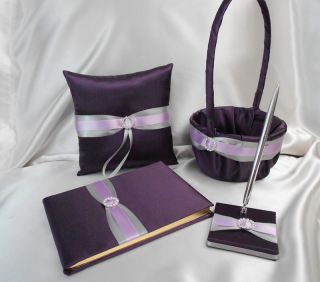 Eggplant Plum Silver Flower Girl Basket Ring Bearer Pillow Guest Book