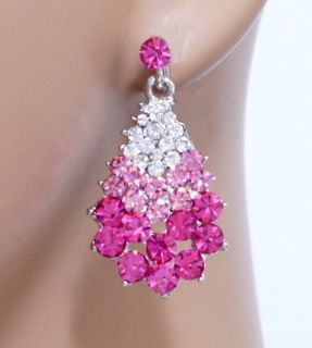  Teardrop Deluxe Pink Crystal Shiny Wedding Clip on Earrings New