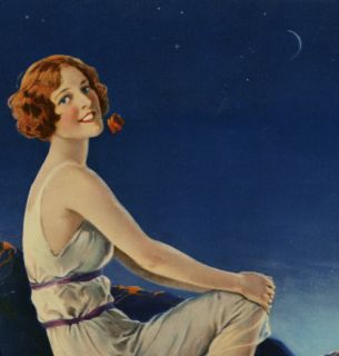 Antique Art Deco 1930s Gorgeous Grecian Goddess Framed Pin Up Moonlit