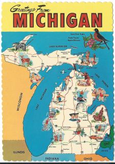 Postcard Michigan Greetings State Map Bird Animal Great Lakes MINT