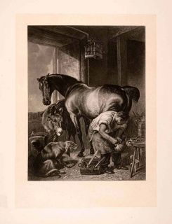 1876 Heliogravure Edwin Landseer Art Horse Shoe Farrier Donkey Dog