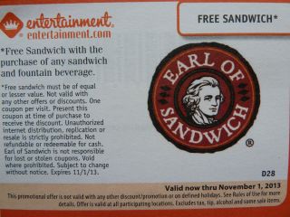 Earl of Sandwich Coupons Free Sandwich w purch of Any Sandwich Drink