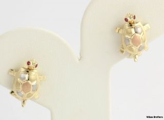 Moveable Tri Toned Turtle Earrings   14k Gold Syn Ruby French Backs