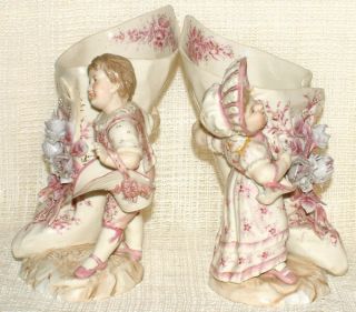 Victorian Antique Triebner Ens Eckert Volkstedt Pair Figural Vases Boy