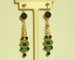 14k Solid Gold Green Jade Black Onyx Elegant Earrings