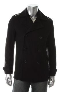 Perry Ellis New Black Wool Double Breasted Pea Coat s BHFO
