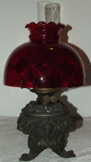 Antique 1800s EDWARD MILLER Victorian Figural Oil Lamp Cranberry Glass