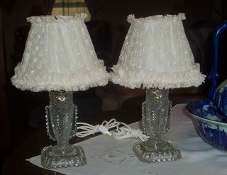 Pair Matching Vintage Candlewick Boudoir Lamps & Matching Cloth Frill