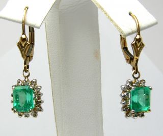  Emerald Cut Colombian Emerald Diamond Dangle Earrings 14k