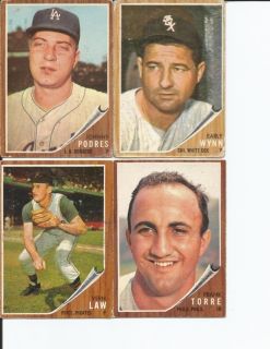1962 topps cards Johnny Podres Early Wynn Vern Law Frank Torre