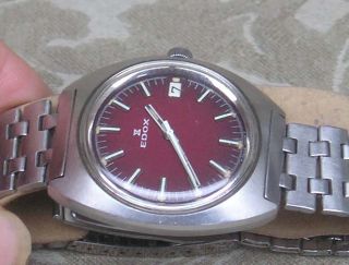 Large Mens Edox Date Red Dial Stainless 17J Wind Up Thin Watch 200