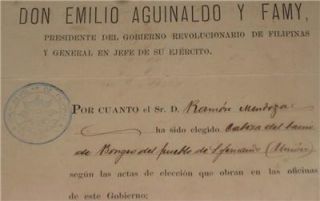 Signed Document Emilio Aguinaldo Katipunan Seal 1898 RARE San Fernando