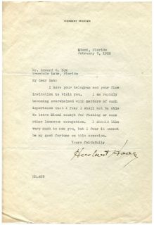 Herbert Hoover Typed Letter Signed as President Elect 1929 CanT to Go