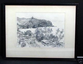 Edward H Suydam Pencil Drawing Hawaii Village Scene