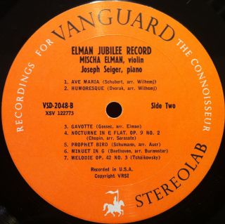 Mischa Elman Jubilee Record Violin LP VG VSD 2048 2nd Press Orange