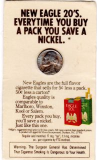 Liggett Myers Cigarette Save A Mickel A Pack Eagle 20s 35 Years Old