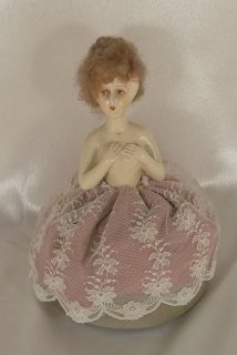 Vintage Collectible Porcelain Bisque Pin Cushion Half Doll With Mohair