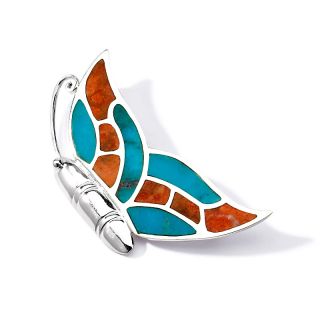 Jay King Turquoise and Coral Inlay Butterfly Sterling Silver Pin/Pe