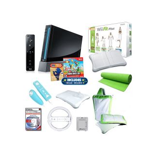 Nintendo Wii Black Bundle with Wii Fit Plus, Wheels, Yoga Mat and Much