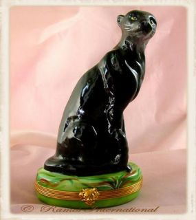  Porcelain Trinket Box Black Panther, Lg Wild Cat, Rare, French, Ltd Ed