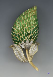 Italian 18K Gold Diamond Enamel Flower Brooch Pin