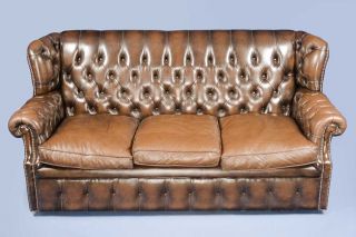 Antique English Brown Leather Chesterfield Sofa Couch