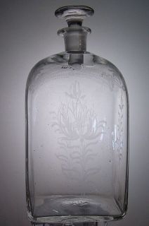 Antique Blown Glass Etched Decanter w/ Stopper Late 18th Early 19th